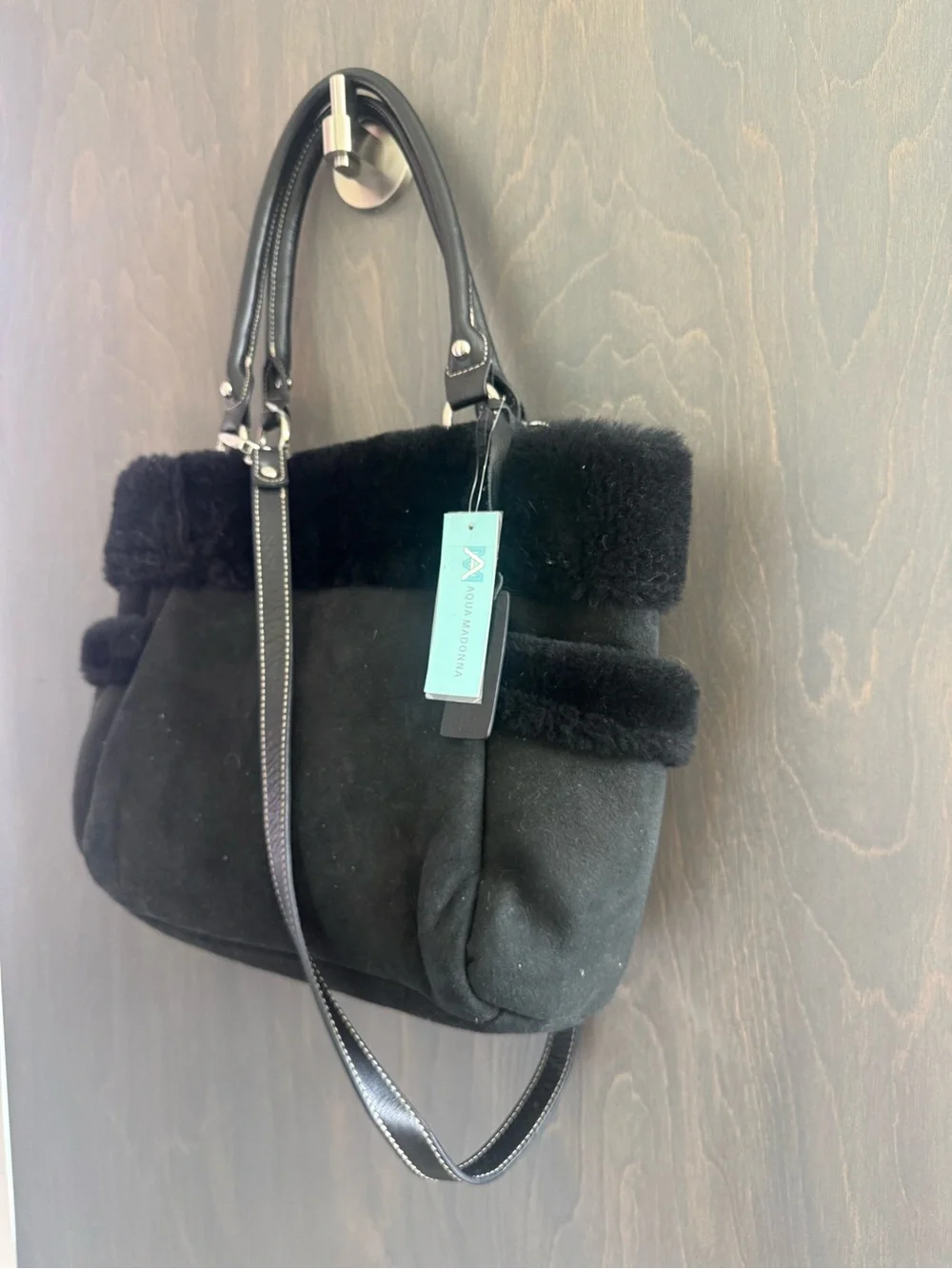 Aqua Madonna Black Genuine Shearing Tote with Shoulder Strap